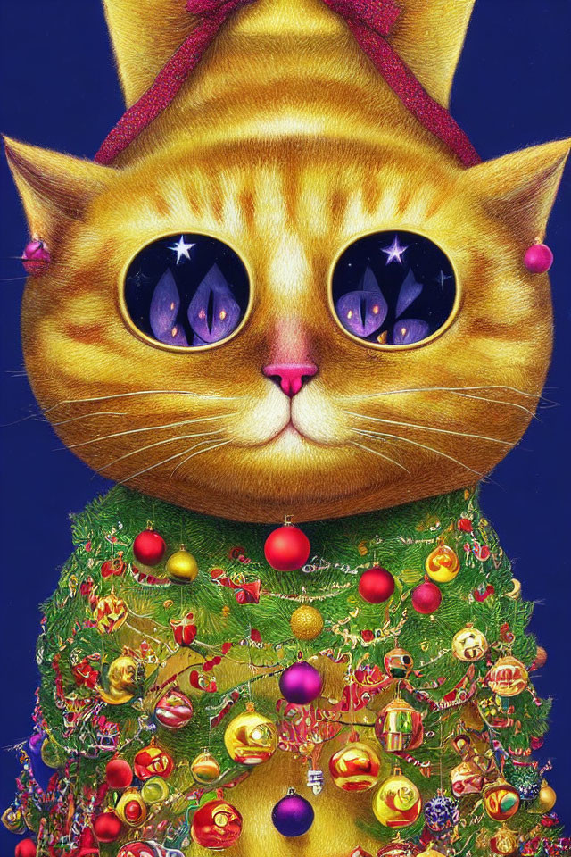 Illustration of cat with large head and Christmas tree body