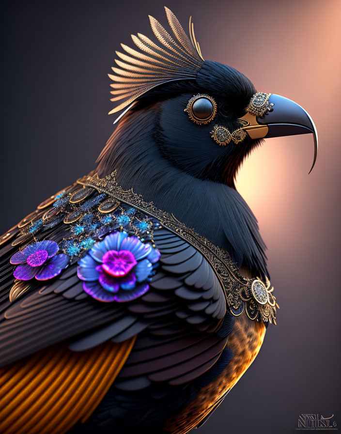 Majestic bird with golden jewelry and floral decorations on soft-focus background