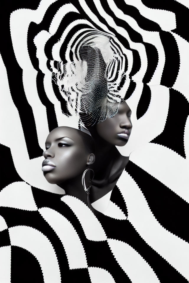 Two women against abstract black-and-white wavy pattern