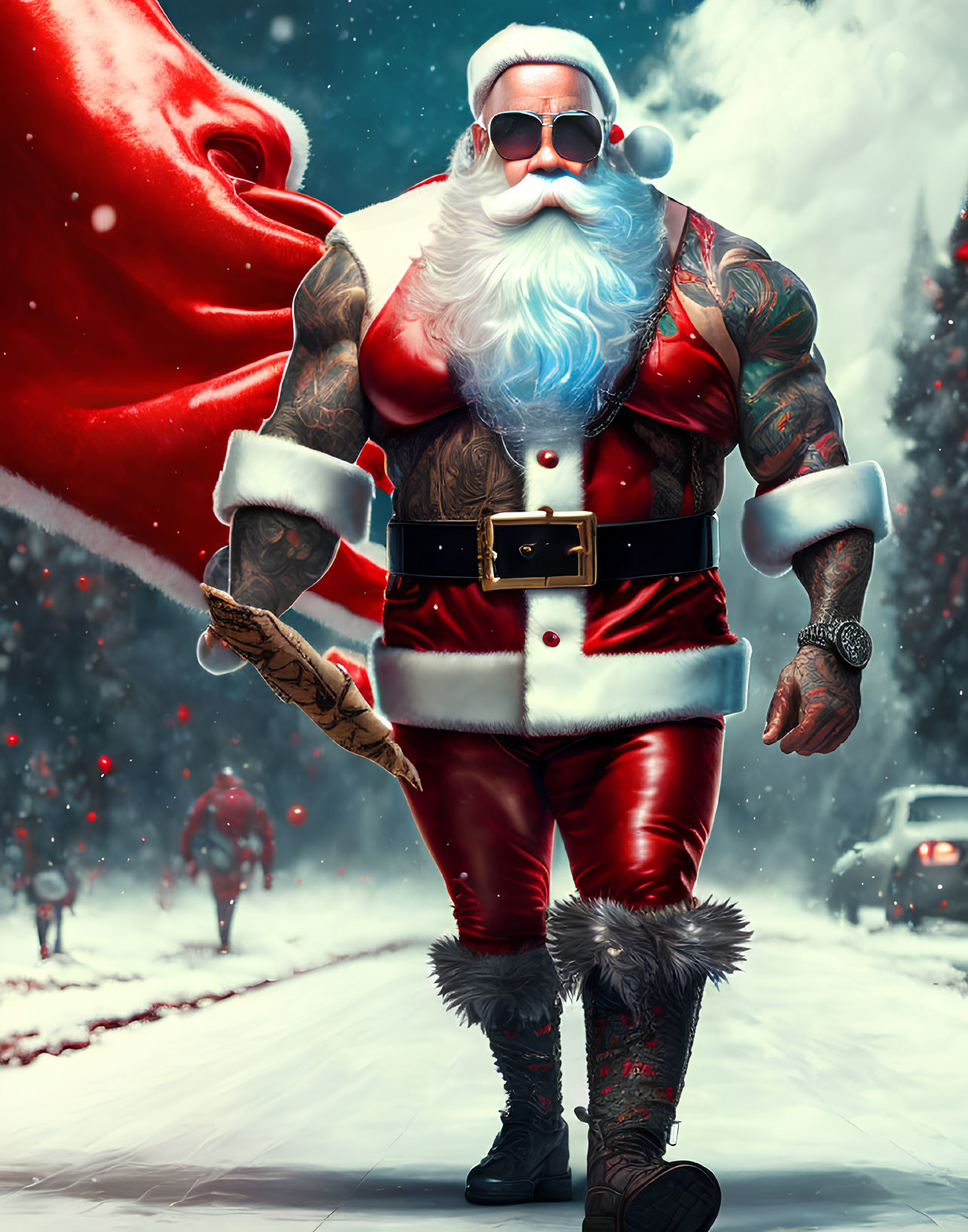 Muscular Santa Claus with tattoos in red suit walking in snow