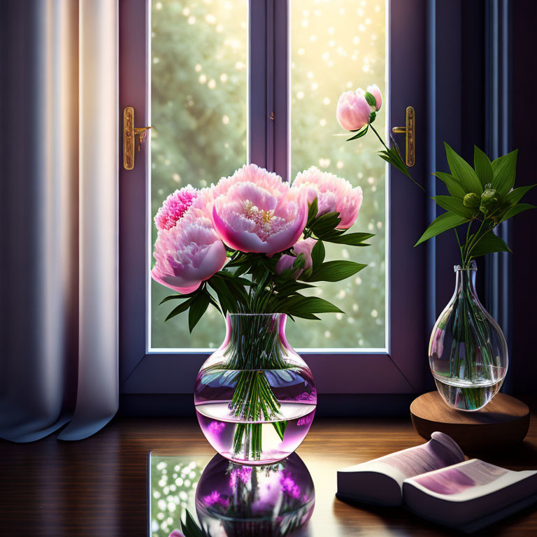 Bright Pink Peonies in Clear Vase with Book and Glasses on Reflective Surface