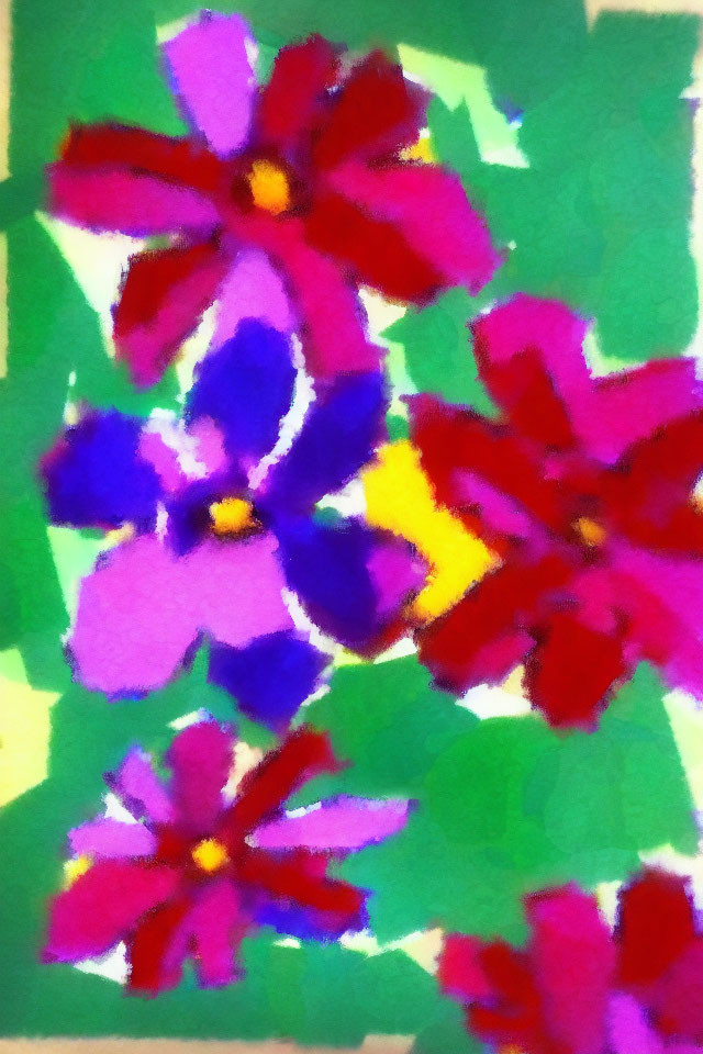 Colorful Abstract Floral Painting with Purple, Red, and Yellow Flowers on Green Background