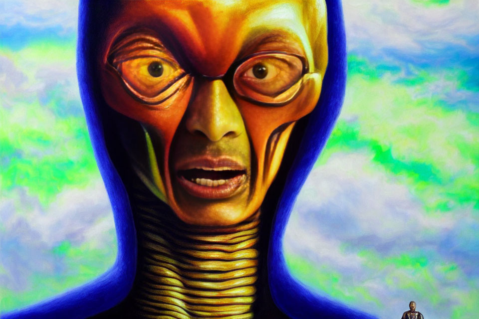 Colorful Alien Painting with Human-Like Eyes and Ribbed Texture