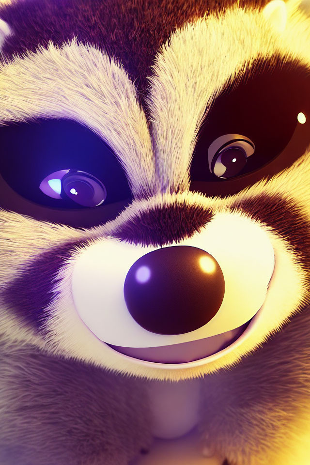 Cheerful animated raccoon with purple eyes and black nose on warm background