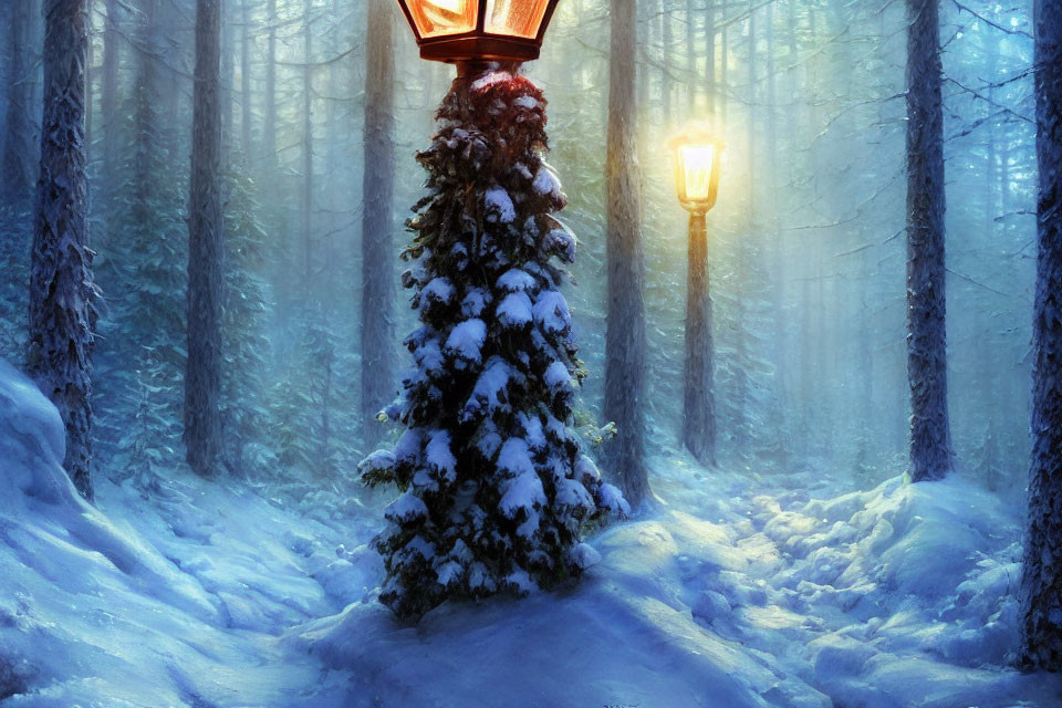 Snow-covered path with lanterns in mystical winter forest