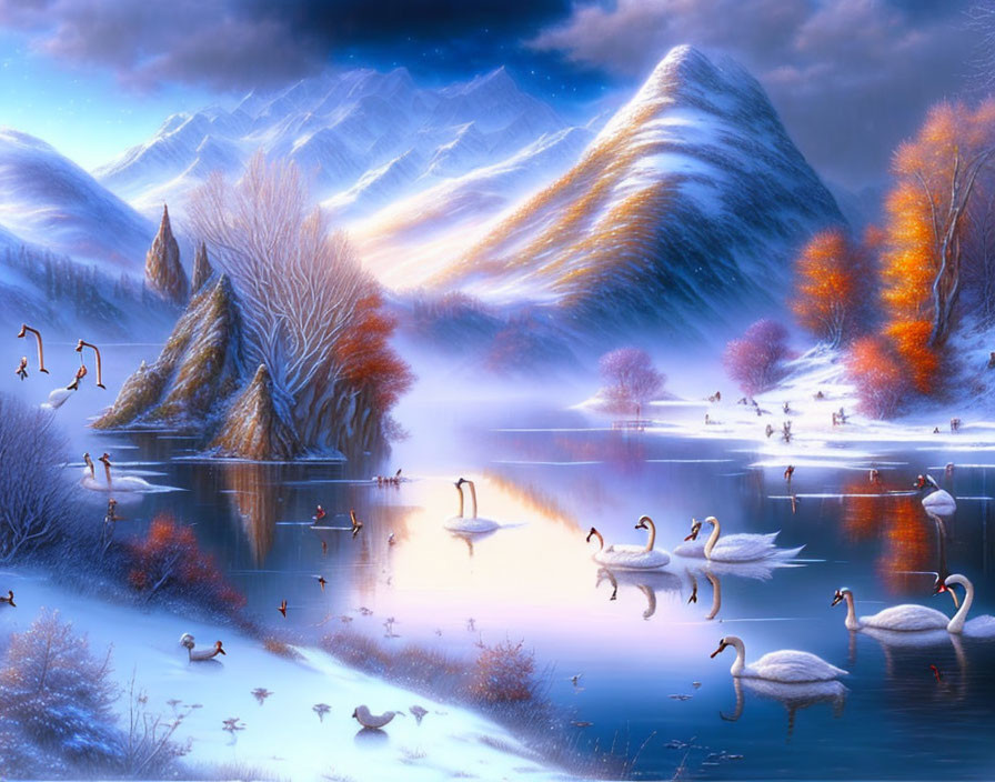 Tranquil lake landscape with swans, mountains, autumn trees, and birds