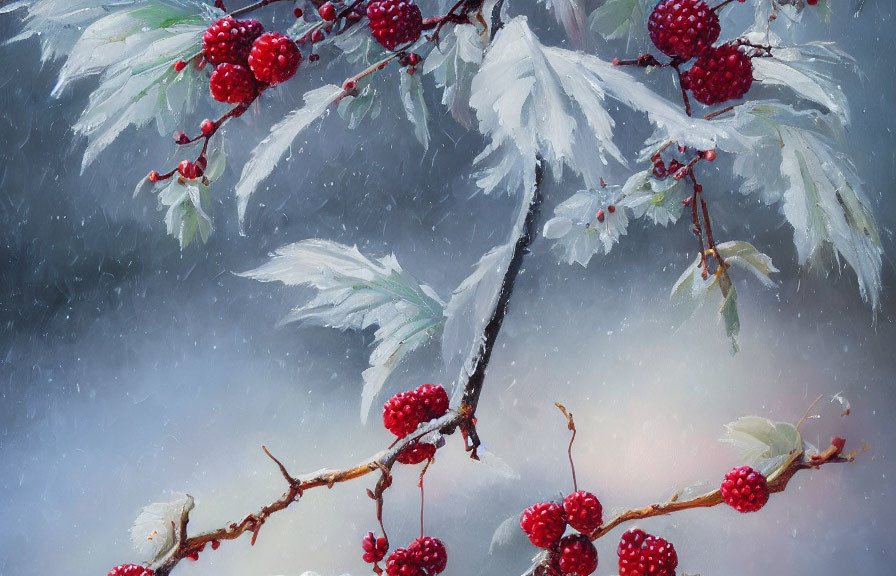 Frost-Covered Branch with Red Berries and Green Leaves in Winter