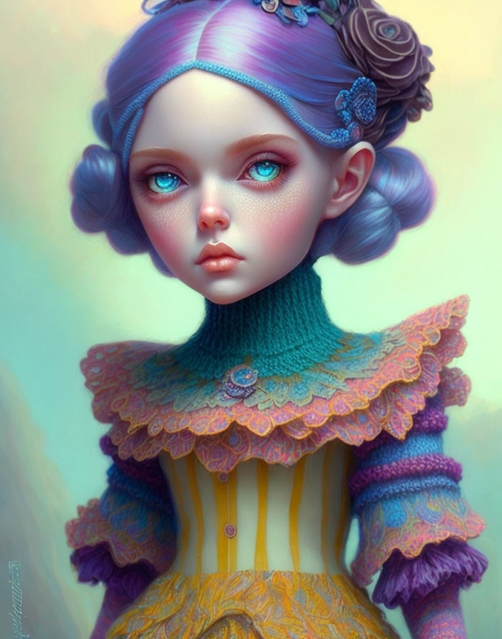 Digital art portrait of young girl with blue eyes, purple hair in buns, Victorian dress.