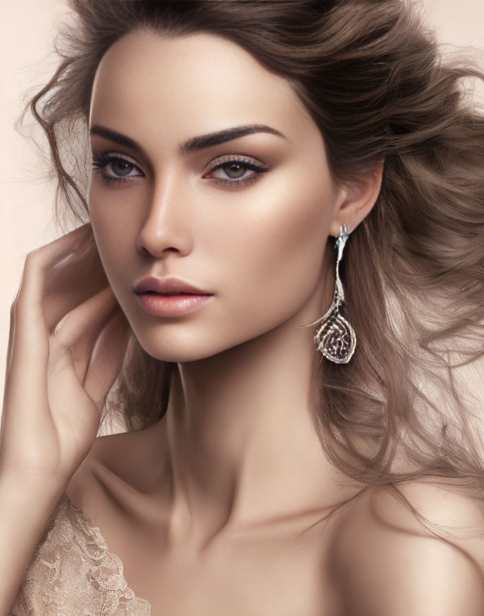 Woman with Soft Wavy Hair and Elegant Earrings in Graceful Pose