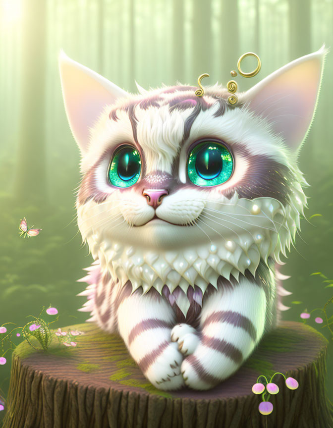 Whimsical digital illustration of fantastical cat in enchanted forest