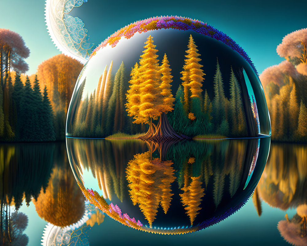 Surreal fall landscape with trees reflected in water under a transparent sphere on blue sky.