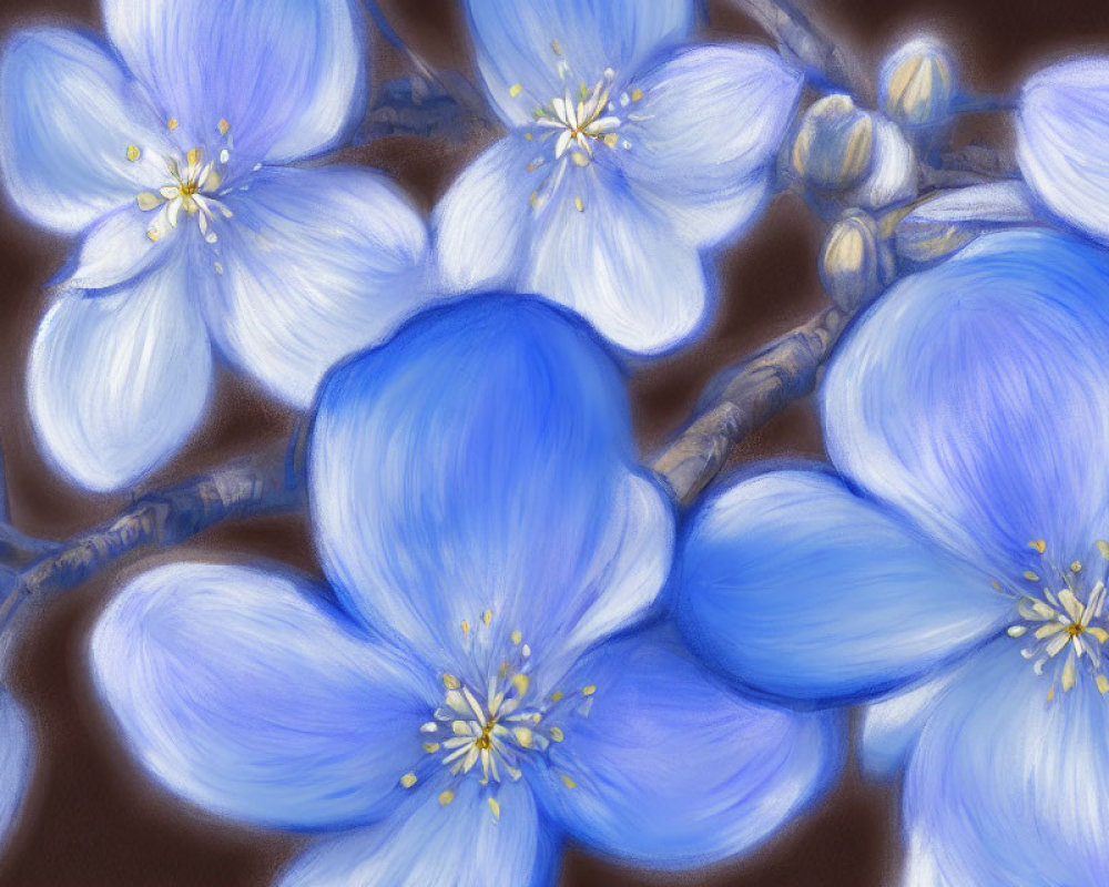 Vibrant blue flowers with yellow centers on a branch against a soft-focus brown background