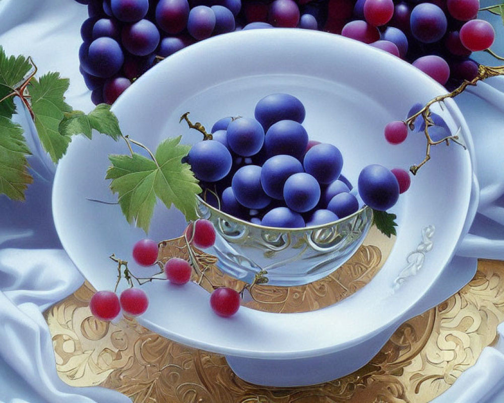 Golden-rimmed bowl with blue grapes on white cloth surrounded by more grapes and leaves