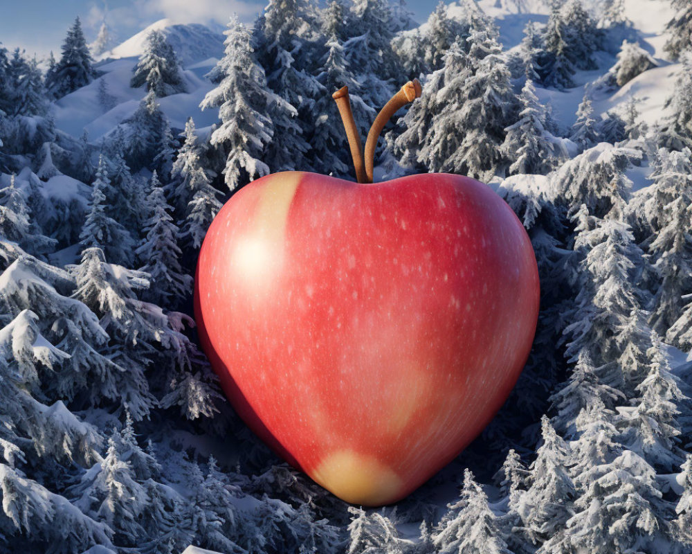 Large Red Apple in Snowy Forest with Pine Trees and Mountains