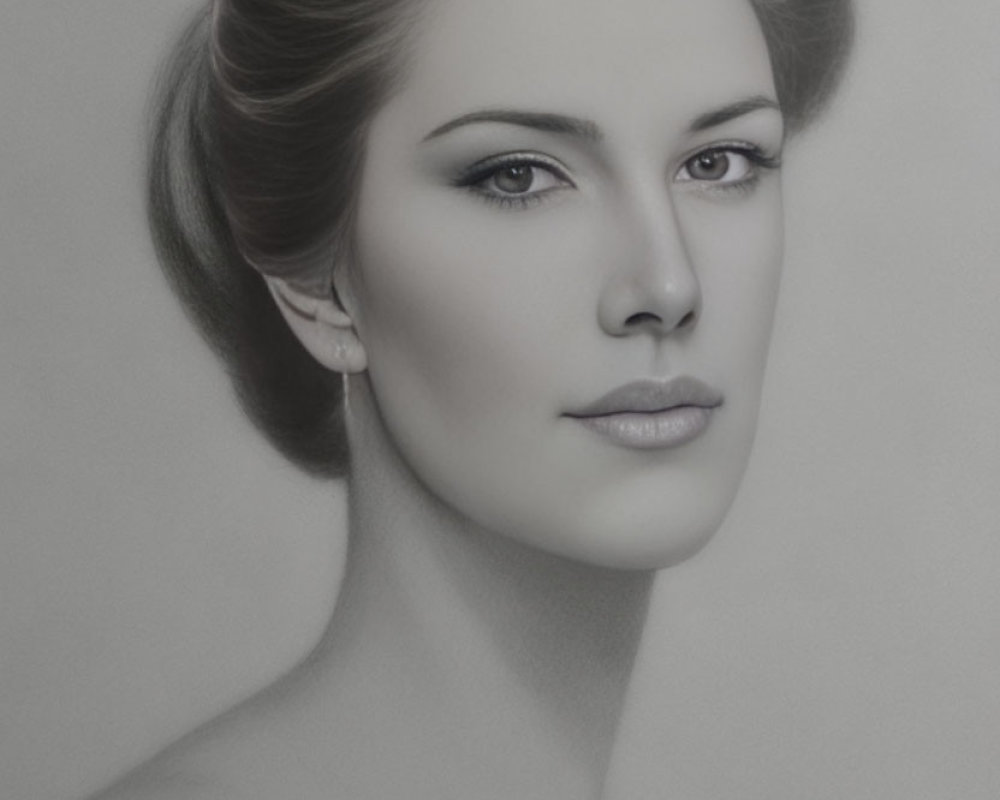 Detailed pencil drawing of woman with classic makeup, elegant updo, and bare shoulders.