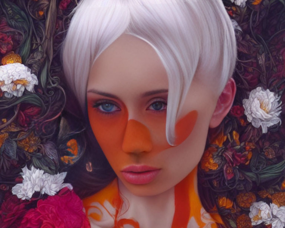 Portrait of a person with blue eyes and white hair against floral backdrop