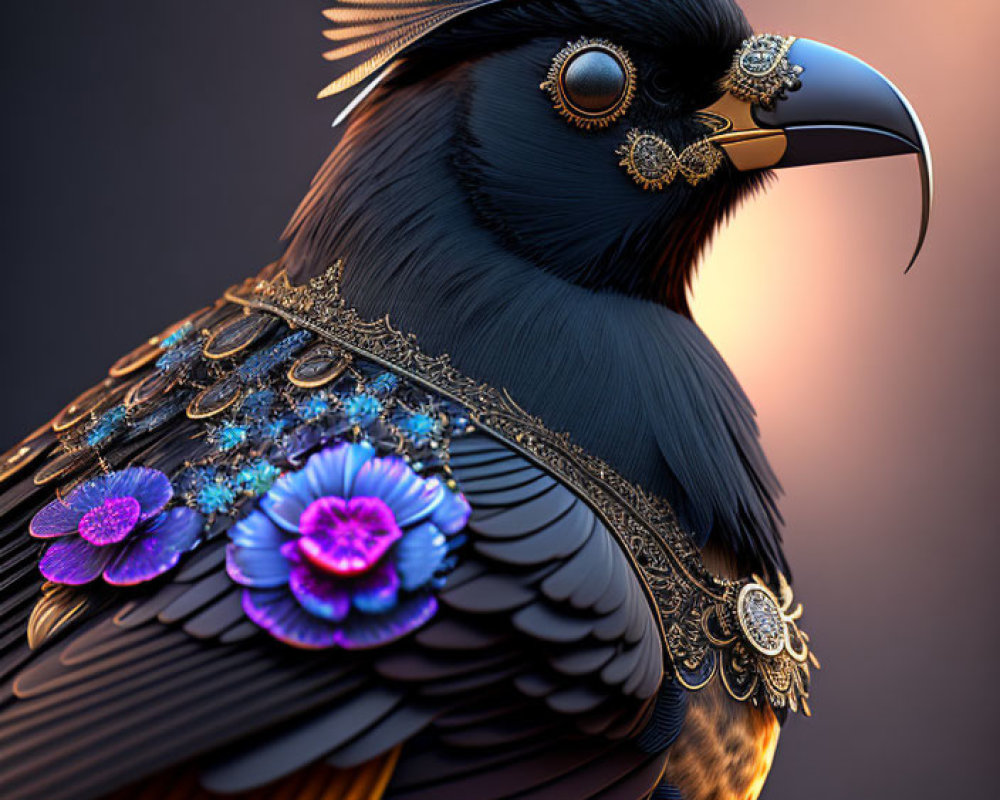 Majestic bird with golden jewelry and floral decorations on soft-focus background