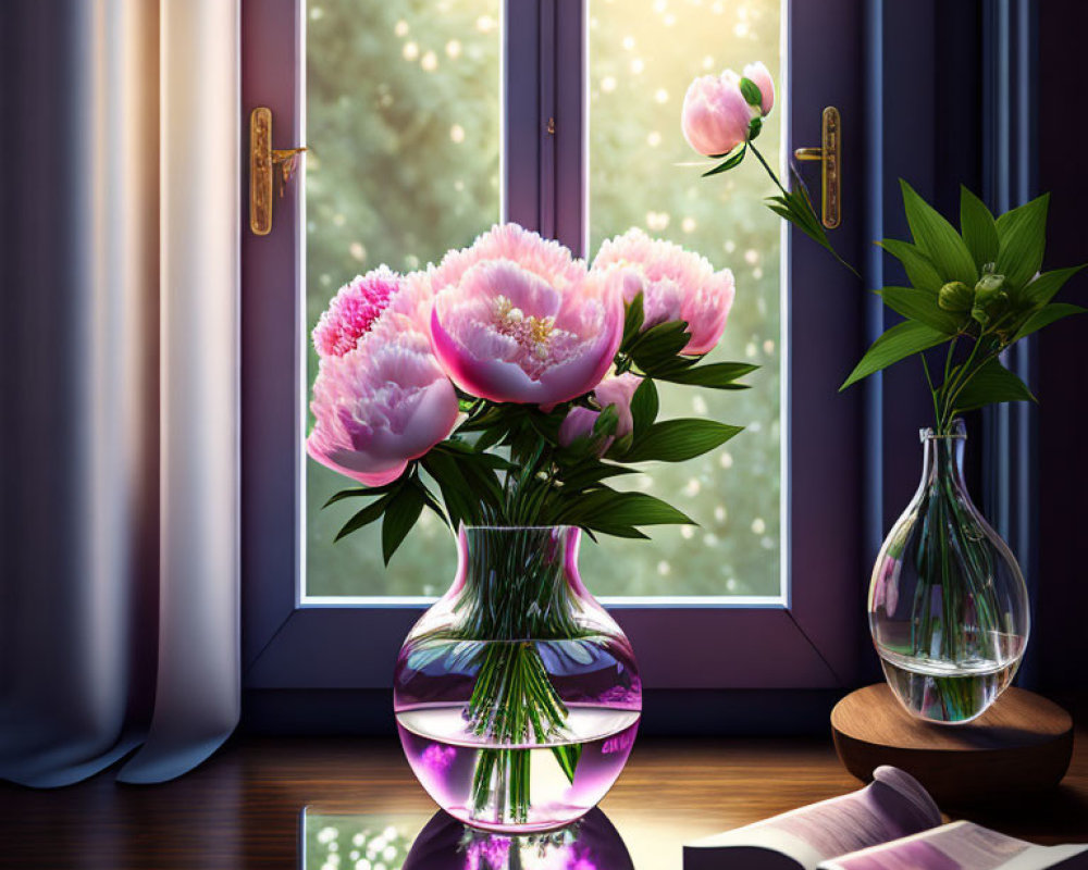 Bright Pink Peonies in Clear Vase with Book and Glasses on Reflective Surface