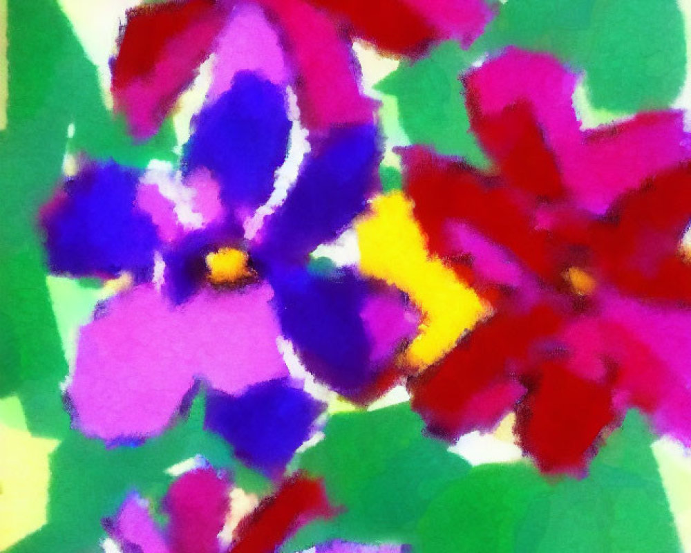 Colorful Abstract Floral Painting with Purple, Red, and Yellow Flowers on Green Background