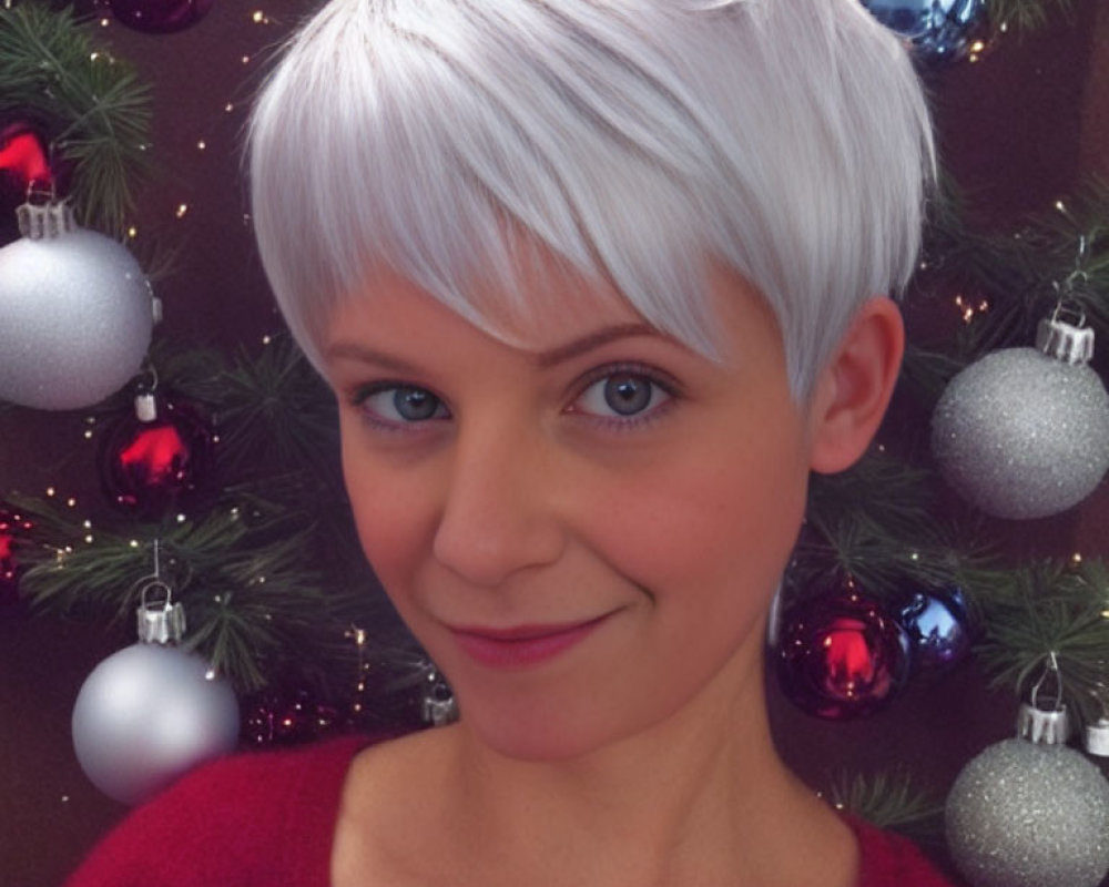 Person with Short White Hair Smiling in Red Top Against Festive Christmas Background