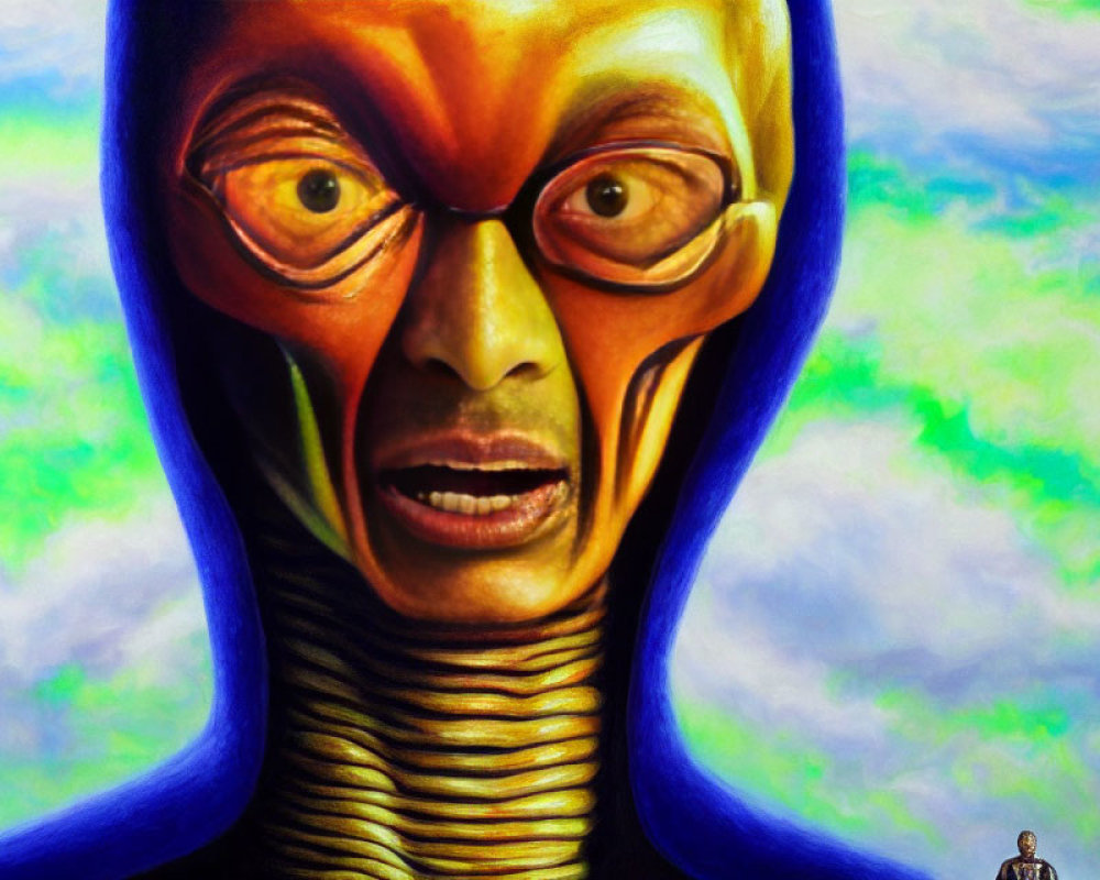 Colorful Alien Painting with Human-Like Eyes and Ribbed Texture