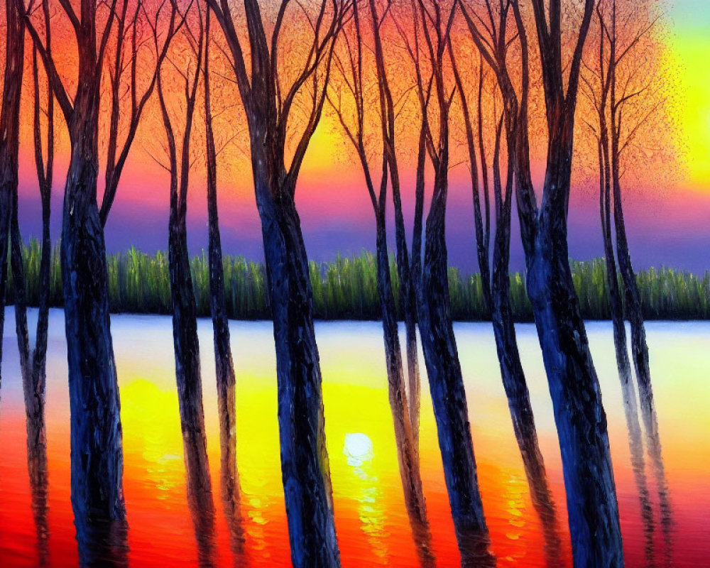 Colorful sunset painting: slender trees by reflective water