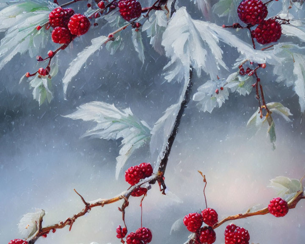 Frost-Covered Branch with Red Berries and Green Leaves in Winter