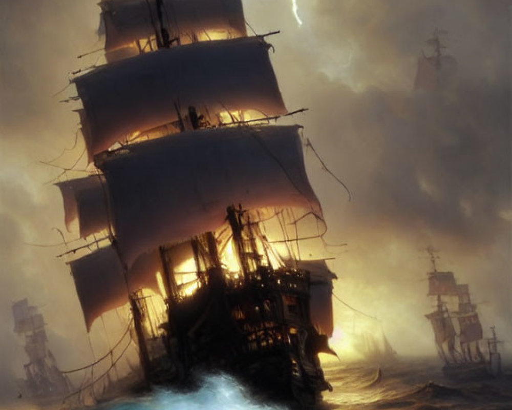 Sailing ship in stormy sea with lightning and distant ships