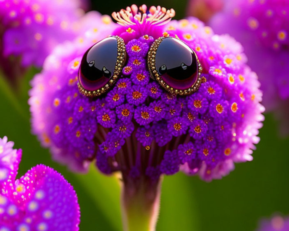 Purple flower with cartoonish eyes dewdrops illusion