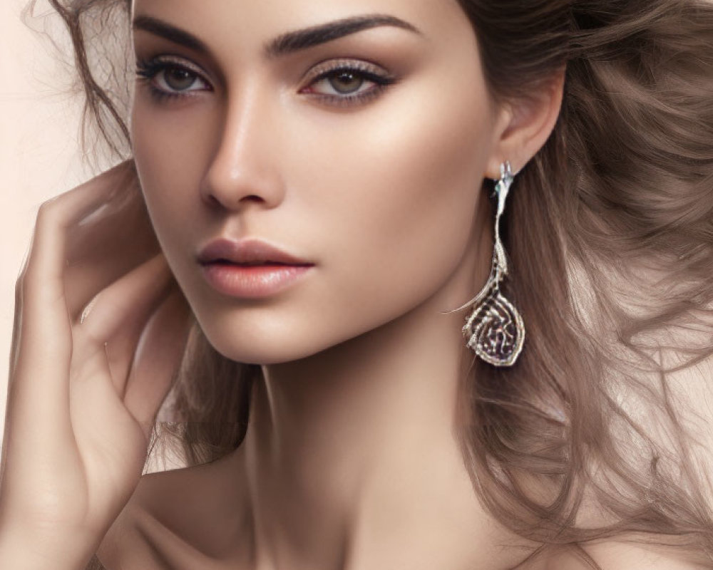 Woman with Soft Wavy Hair and Elegant Earrings in Graceful Pose