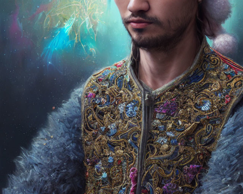 Regal individual in embroidered jacket with cosmic nebula backdrop