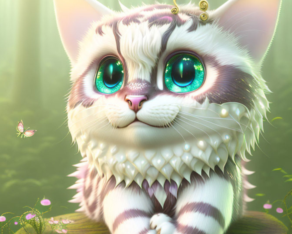 Whimsical digital illustration of fantastical cat in enchanted forest