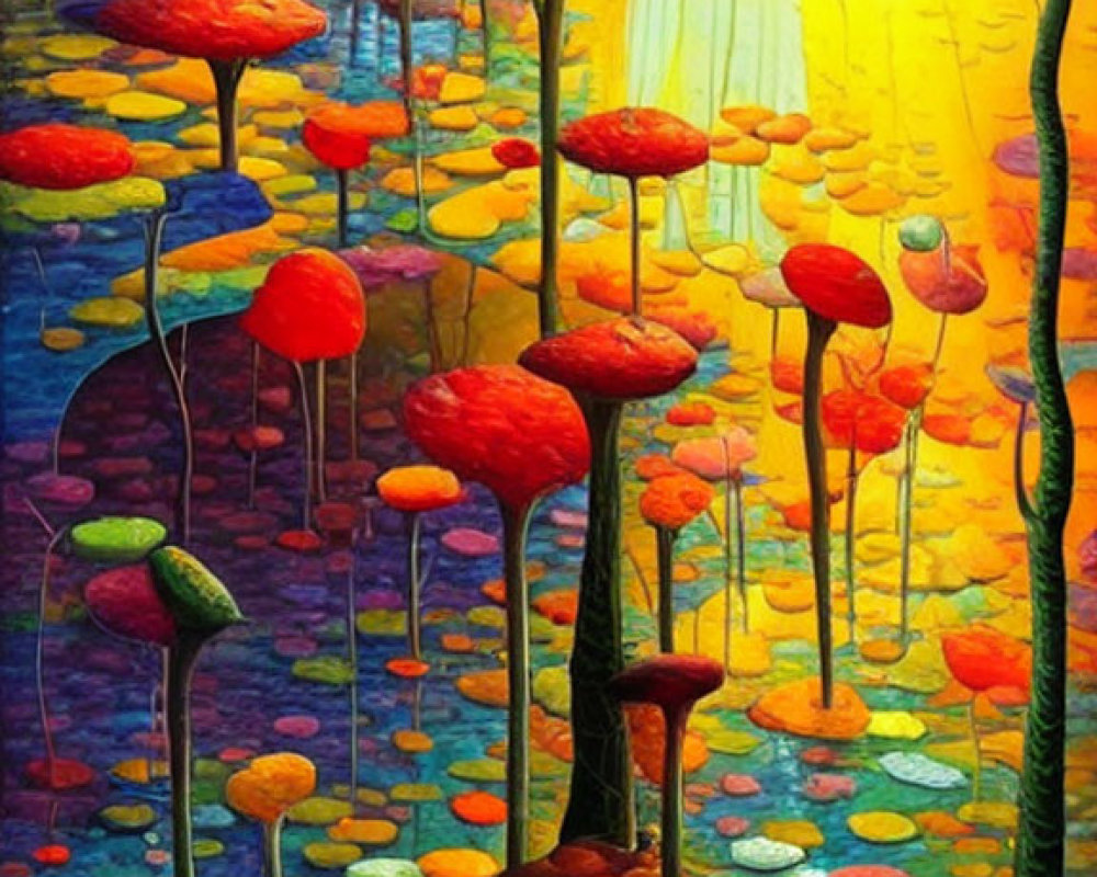 Colorful surreal painting of luminescent forest, glowing sun, reflective water, oversized flowers