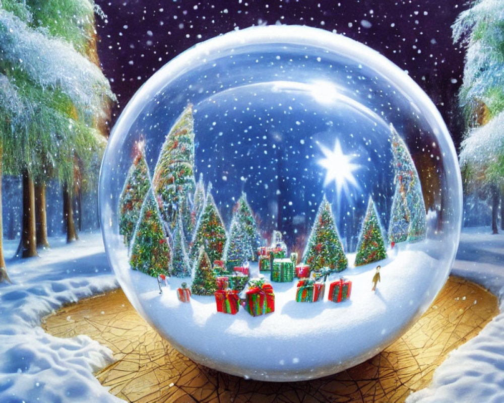 Snowy Christmas scene with transparent sphere in dark snowy forest