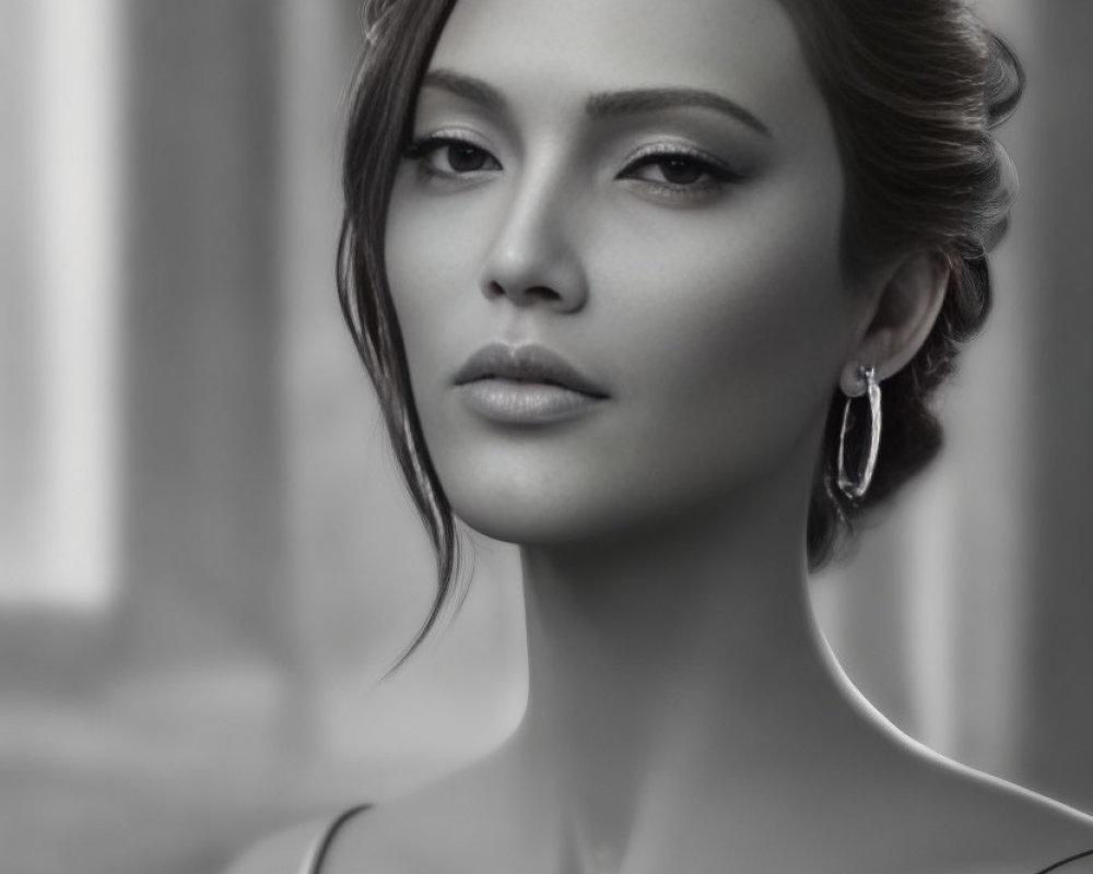 Glamorous woman with elegant hairstyle and makeup in grayscale portrait