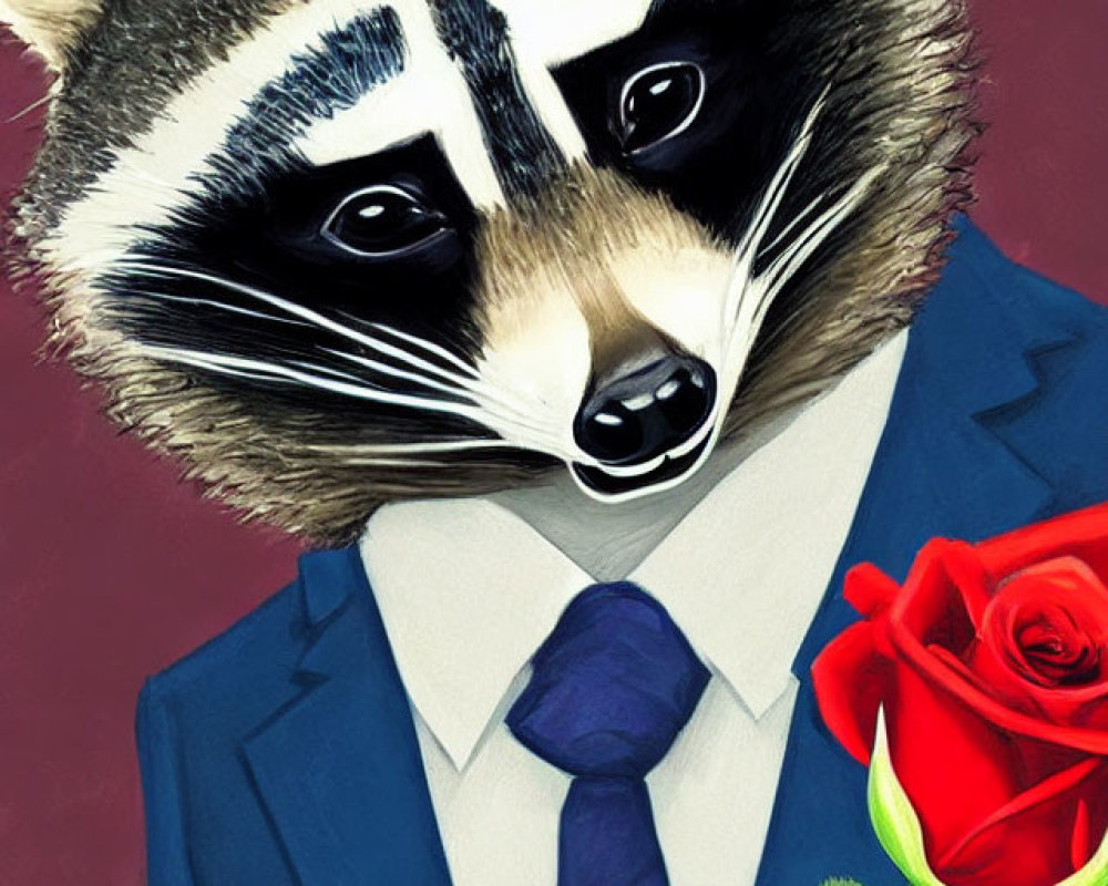 Raccoon in Navy Suit Holding Red Roses on Scarlet Background