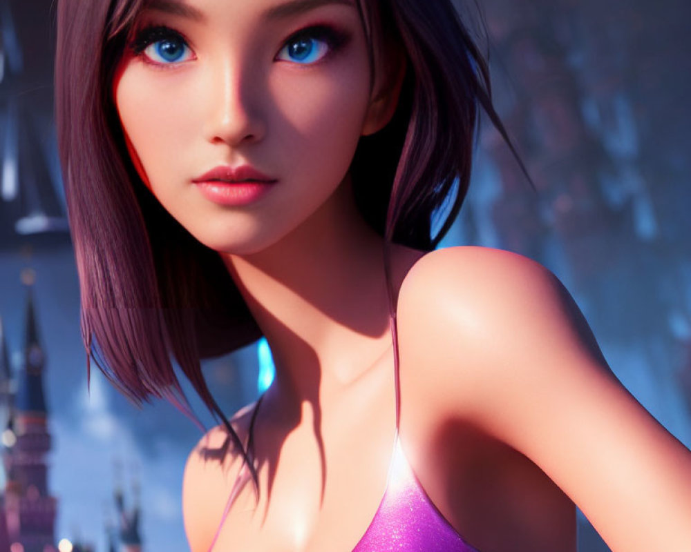 Detailed close-up of 3D animated female character with blue eyes and purple dress against cityscape at