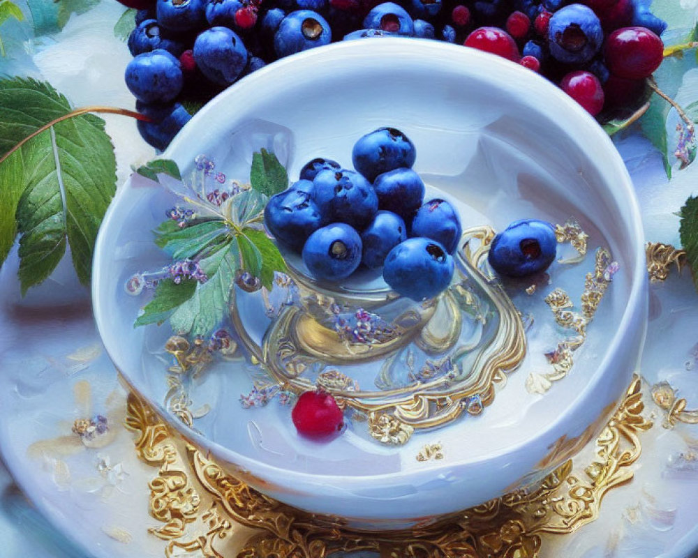 Plump blueberries in white bowl with red berries and green leaves