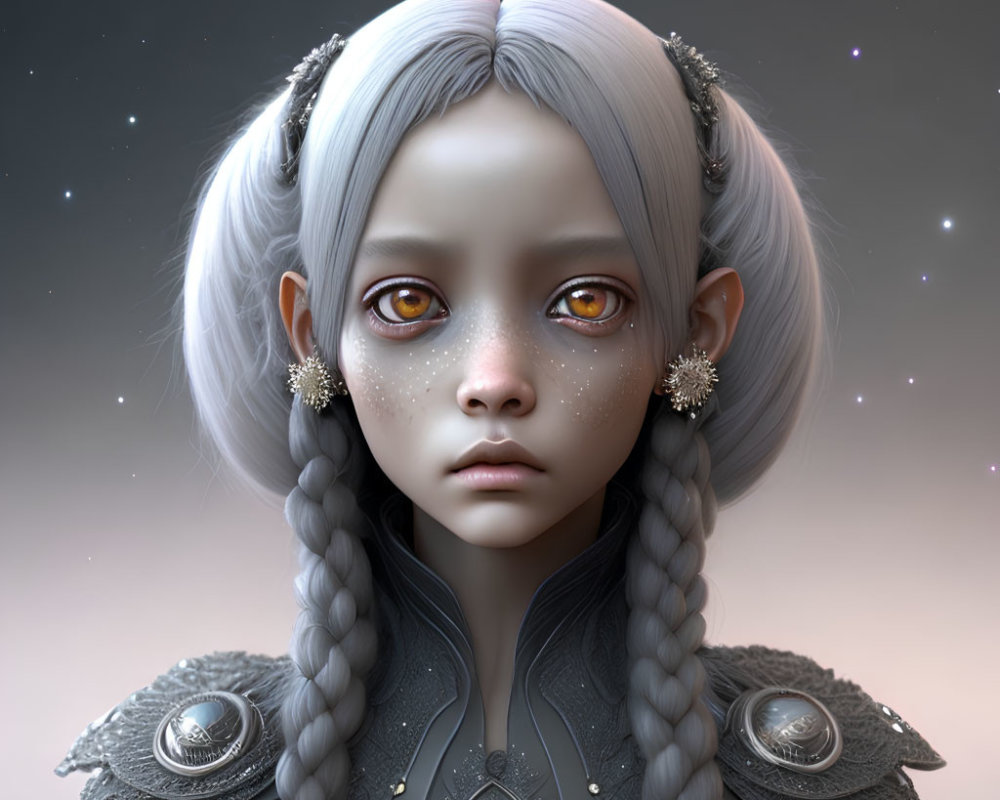 Digital portrait of girl with orange eyes, grey braided hair, starry earrings, and cosmic armor