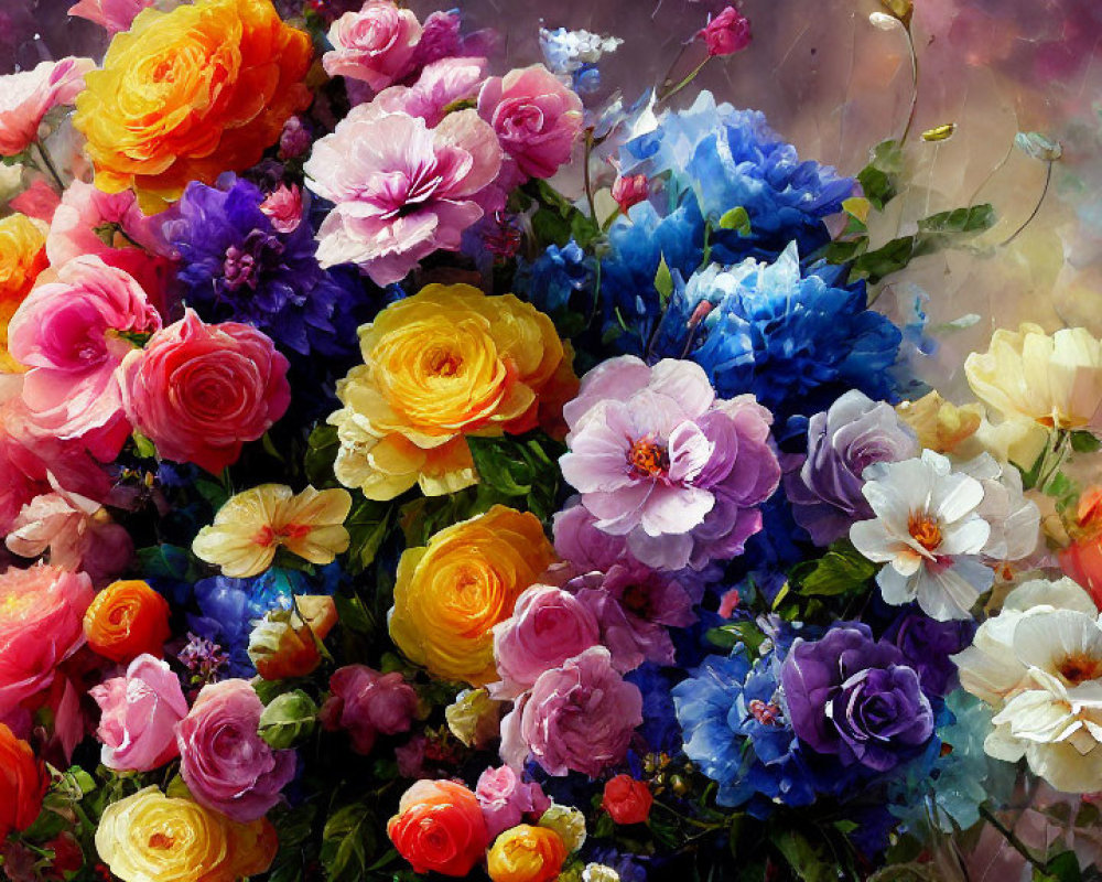 Assorted Flowers Bouquet in Pink, Yellow, Blue, and White on Multicolored Background