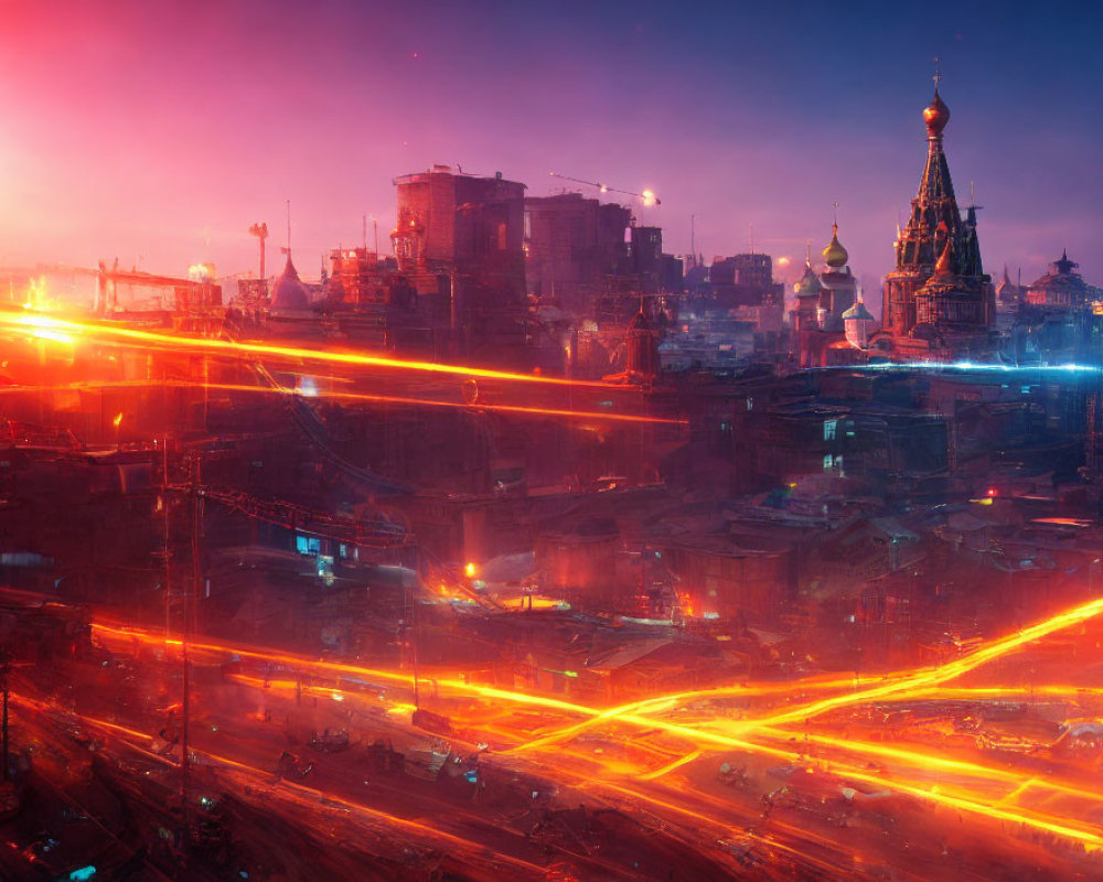 Futuristic cityscape at dusk with neon lights, heavy traffic, and intricate tower blending historical and