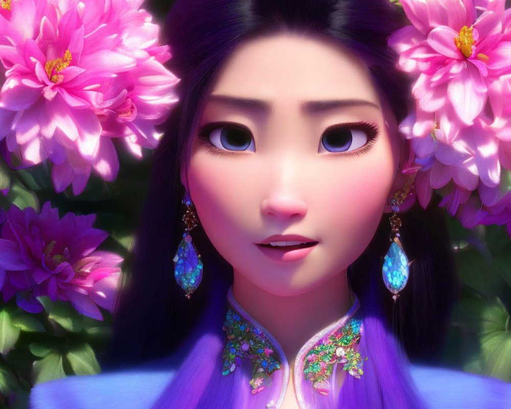 3D animated female character with large expressive eyes and long black hair in vibrant purple traditional garment among bright