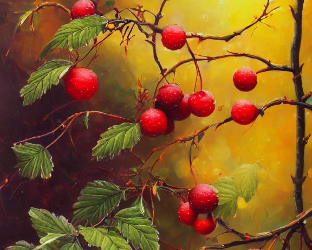 Red Berries and Green Leaves Painting in Autumn Setting