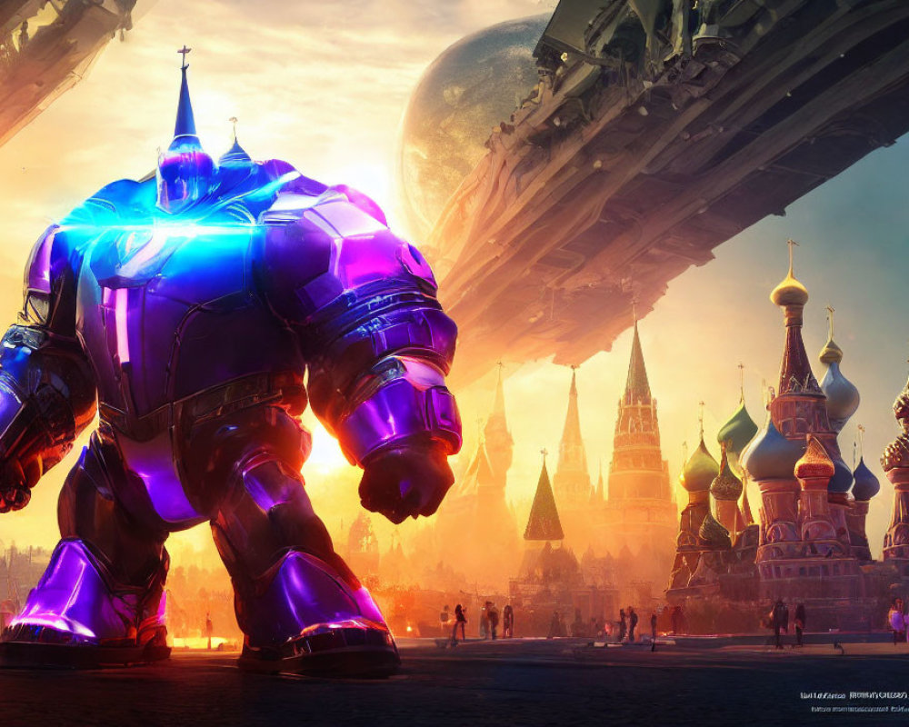 Purple Armored Robot Stands in Futuristic Cityscape