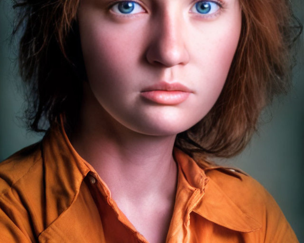 Brown-haired person with blue eyes and orange shirt with "MURONYI" name tag.