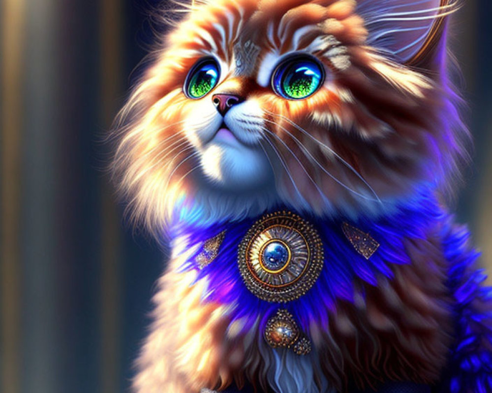 Fluffy Cat Illustration with Green Eyes and Royal Blue Collar