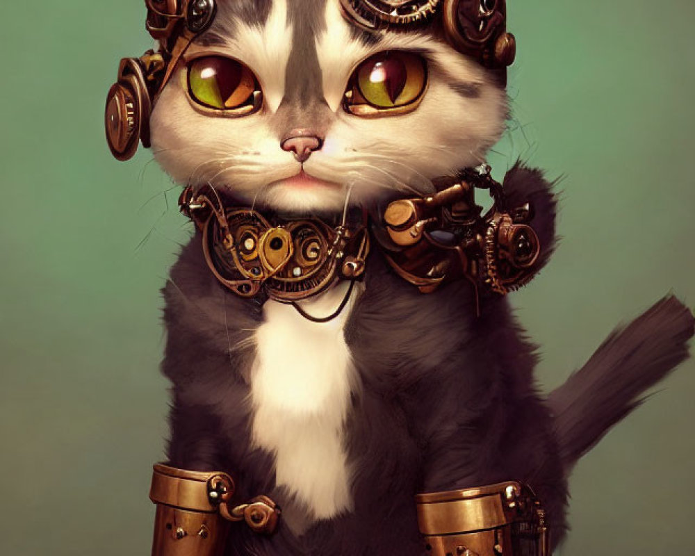 Steampunk Cat in Goggles with Mechanical Accessories on Green Background