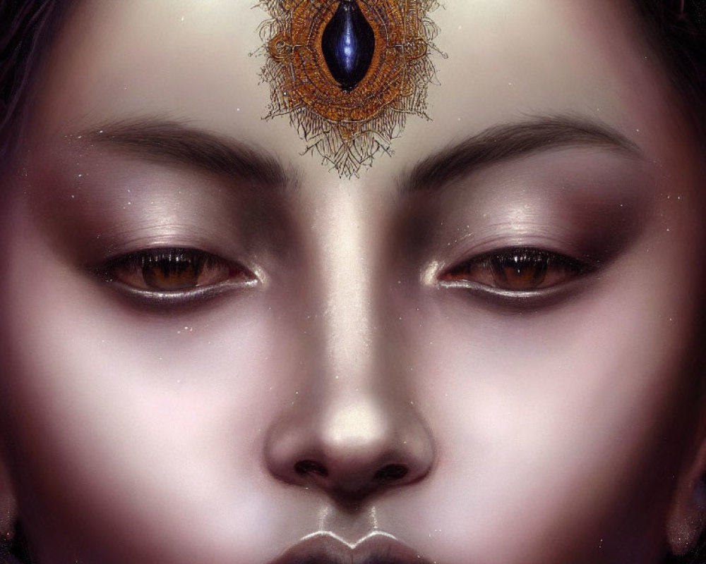 Detailed close-up of face with ornate third eye design in deep blue and orange patterns