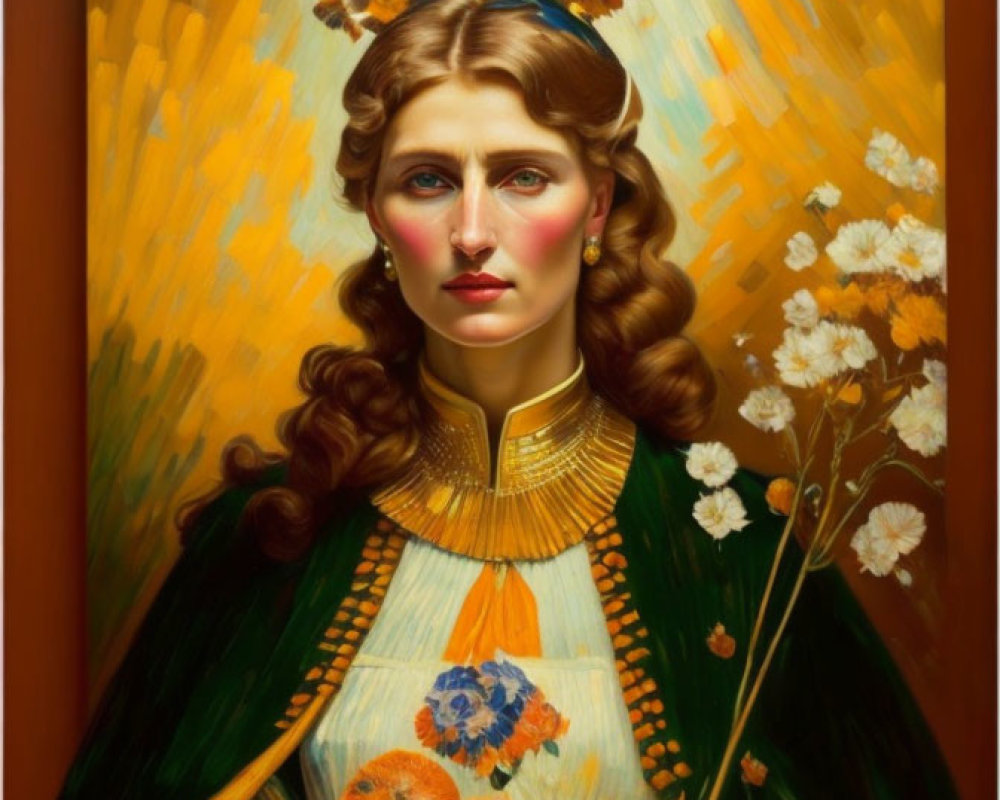 Stylized portrait of woman in floral dress with golden flower backdrop