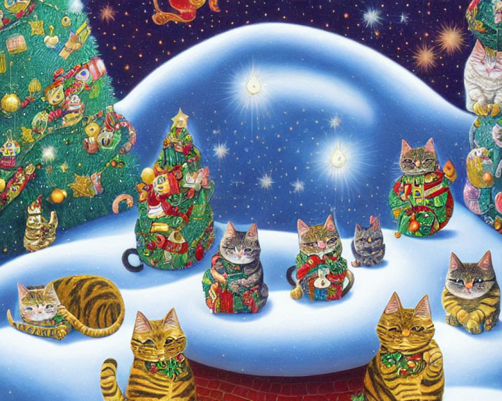 Whimsical cats in festive Christmas scene with snowy landscape